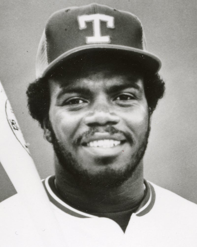 Head and shoulders portrait of Lamar Johnson in Rangers uniform